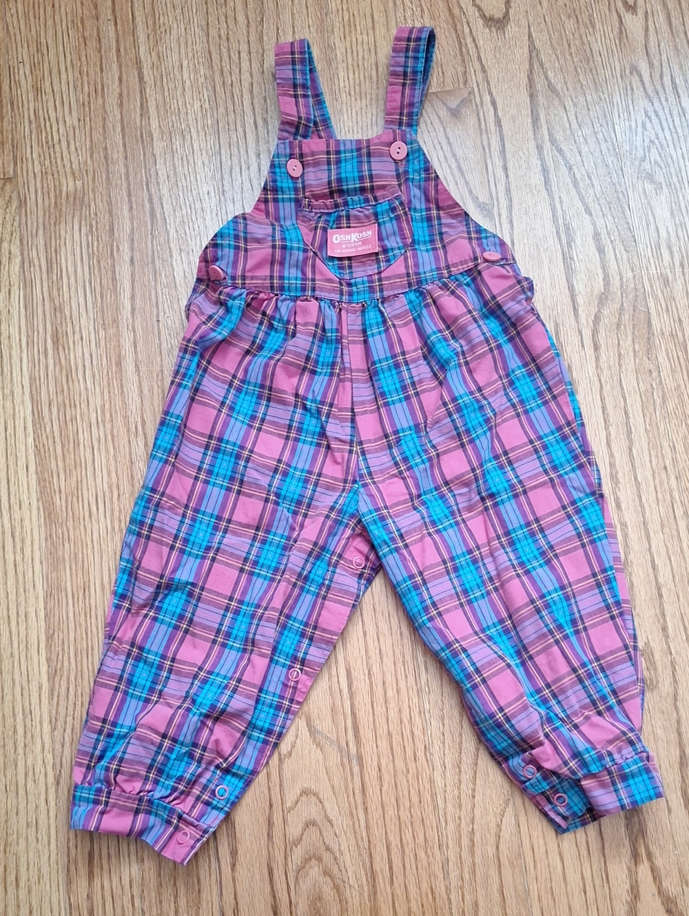 Vintage OshKosh B'gosh Pink and Blue Plaid Girls' Overalls 24M